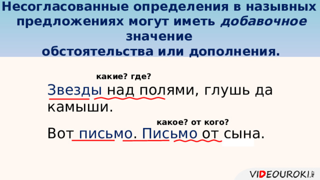 Несогласованные определения в назывных предложениях могут иметь добавочное значение обстоятельства или дополнения. какие? где? Звезды над полями, глушь да камыши. какое? от кого? Вот письмо . Письмо от сына. 