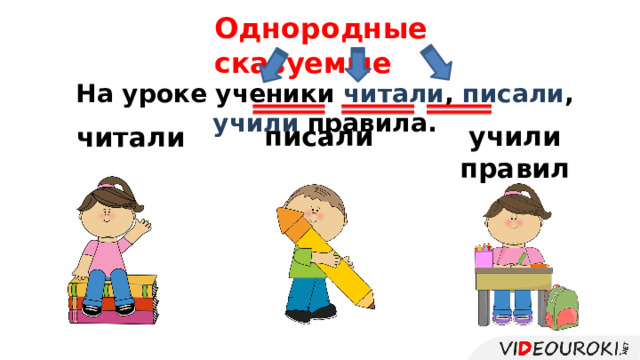 Однородные сказуемые На уроке ученики читали , писали , учили правила. писали учили правила читали   