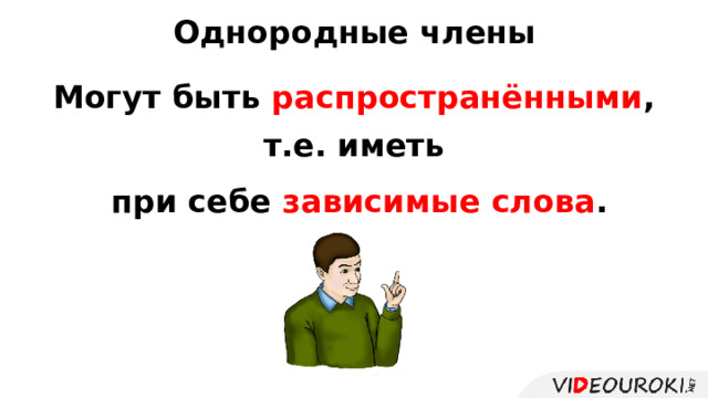 Однородные члены Могут быть распространёнными , т.е. иметь  при себе зависимые слова .  