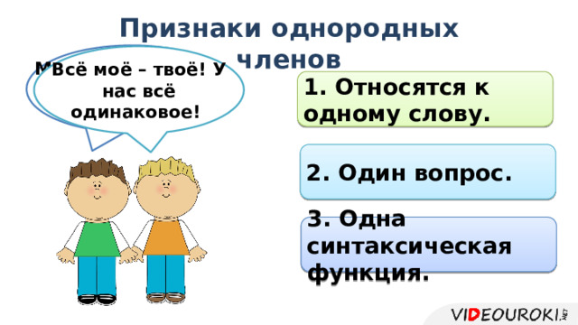 Признаки однородных членов Мы с тобой одного рода – ты и я! Всё моё – твоё! У нас всё одинаковое! 1. Относятся к одному слову. 2. Один вопрос. 3. Одна синтаксическая функция.  