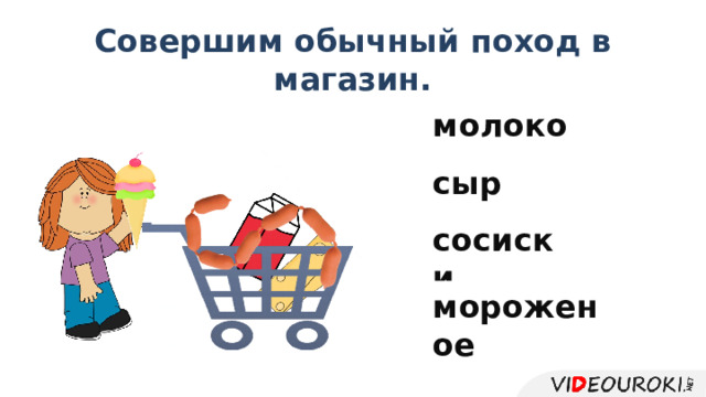 Совершим обычный поход в магазин. молоко сыр сосиски мороженое  