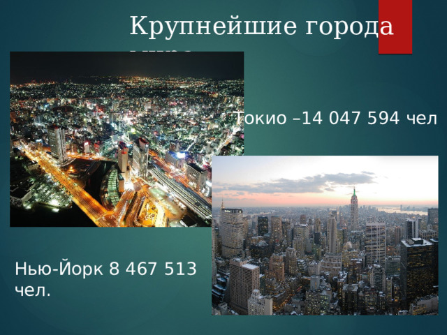 Крупнейшие города мира Токио – 14 047 594 чел Нью-Йорк 8 467 513 чел.   