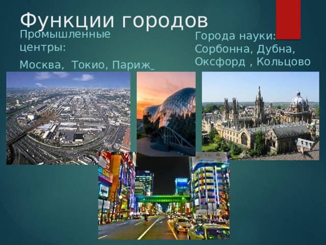 Функции городов Города науки: Сорбонна, Дубна, Оксфорд , Кольцово Промышленные центры: Москва, Токио, Париж  