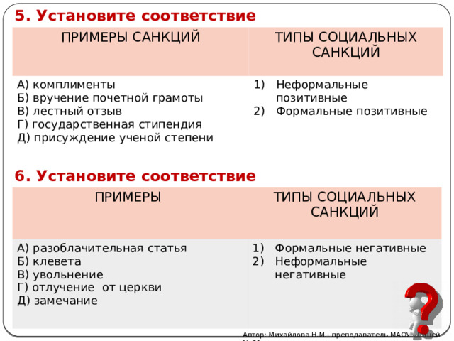 5. Установите соответствие ПРИМЕРЫ САНКЦИЙ ТИПЫ СОЦИАЛЬНЫХ САНКЦИЙ А) комплименты Б) вручение почетной грамоты Неформальные позитивные Формальные позитивные В) лестный отзыв Г) государственная стипендия Д) присуждение ученой степени 6. Установите соответствие ПРИМЕРЫ А) разоблачительная статья ТИПЫ СОЦИАЛЬНЫХ САНКЦИЙ Б) клевета Формальные негативные Неформальные негативные В) увольнение Г) отлучение от церкви Д) замечание Автор: Михайлова Н.М.- преподаватель МАОУ «Лицей № 21» 