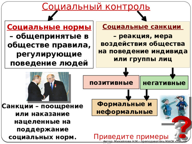 Социальный контроль Социальные нормы – общепринятые в обществе правила, регулирующие поведение людей Социальные санкции – реакция, мера воздействия общества на поведение индивида или группы лиц  позитивные негативные Формальные и неформальные Санкции – поощрение или наказание нацеленные на поддержание социальных норм. Приведите примеры Автор: Михайлова Н.М.- преподаватель МАОУ «Лицей № 21»  