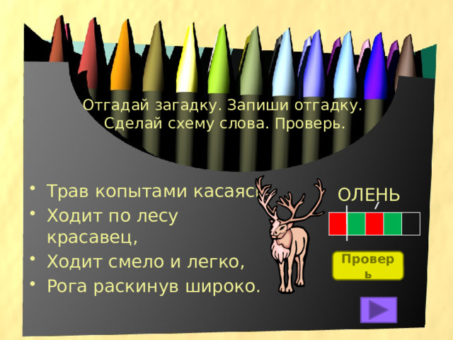 Отгадай загадку. Запиши отгадку.  Сделай схему слова. Проверь. Трав копытами касаясь, Ходит по лесу красавец, Ходит смело и легко, Рога раскинув широко. ОЛЕНЬ Проверь 