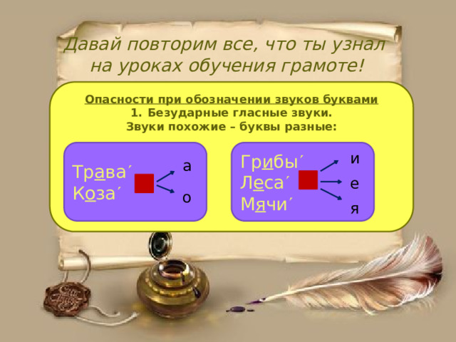 Давай повторим все, что ты узнал  на уроках обучения грамоте! Опасности при обозначении звуков буквами Безударные гласные звуки. Звуки похожие – буквы разные:  Тр а ва  Гр и бы  К о за   Л е са   М я чи  и а е о я 