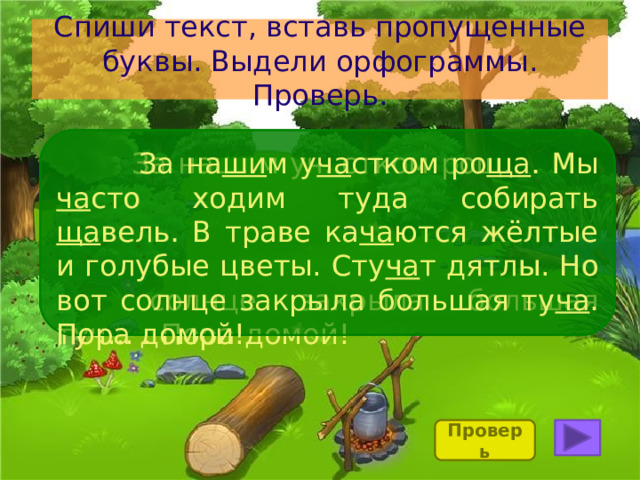 Спиши текст, вставь пропущенные буквы. Выдели орфограммы. Проверь.  За наш..м уч..стком рощ.. . Мы ч..сто ходим туда собирать щ..вель. В траве кач..ются жёлтые и голубые цветы. Стуч..т дятлы. Но вот солнце закрыла большая туч... . Пора домой!  За на ши м у ча стком ро ща . Мы ча сто ходим туда собирать ща вель. В траве ка ча ются жёлтые и голубые цветы. Сту ча т дятлы. Но вот солнце закрыла большая ту ча . Пора домой! Проверь 