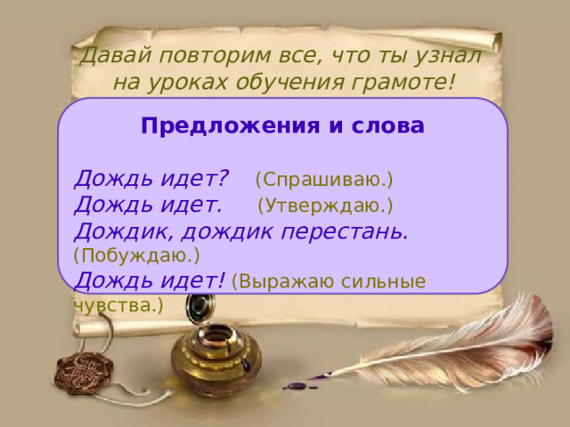 Давай повторим все, что ты узнал  на уроках обучения грамоте! Предложения и слова  Дождь идет? (Спрашиваю.) Дождь идет. (Утверждаю.) Дождик, дождик перестань. (Побуждаю.) Дождь идет! (Выражаю сильные чувства.) 