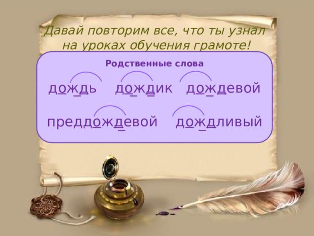 Давай повторим все, что ты узнал  на уроках обучения грамоте! Родственные слова  д о ж д ь д о ж д ик д о ж д евой предд о ж д евой д о ж д ливый 