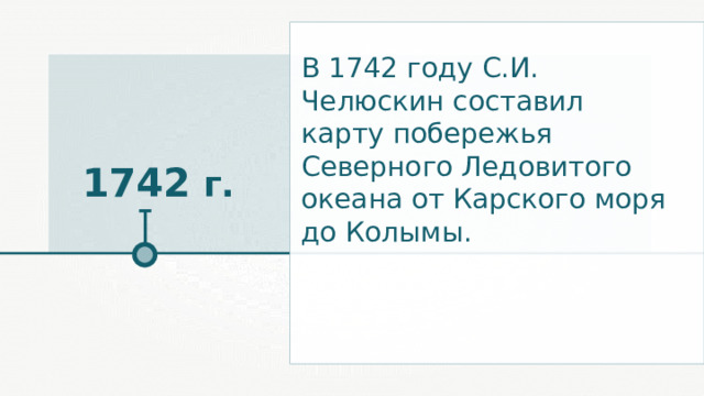 В 1742 году С.И. Челюскин составил карту побережья Северного Ледовитого океана от Карского моря до Колымы. 1742 г. 