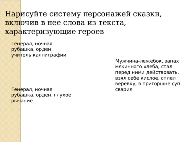 Нарисуйте систему персонажей сказки, включив в нее слова из текста, характеризующие героев Генерал, ночная рубашка, орден, учитель каллиграфии Мужчина-лежебок, запах мякинного хлеба, стал перед ними действовать, взял себе кислое, сплел веревку, в пригоршне суп сварил Генерал, ночная рубашка, орден, глухое рычание 