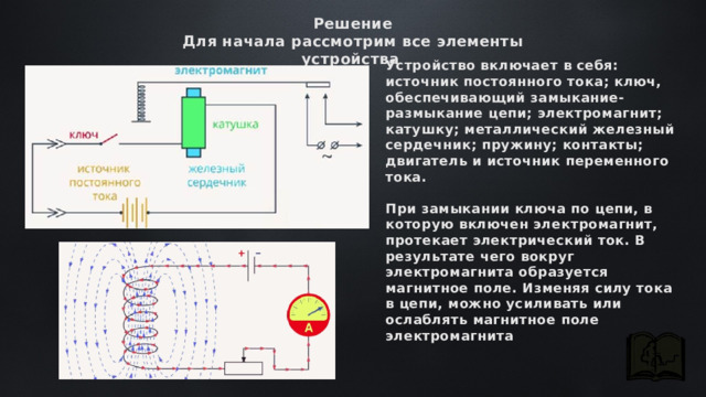 Решение Для начала рассмотрим все элементы устройства  Устройство включает в себя: источник постоянного тока; ключ, обеспечивающий замыкание-размыкание цепи; электромагнит; катушку; металлический железный сердечник; пружину; контакты; двигатель и источник переменного тока.   При замыкании ключа по цепи, в которую включен электромагнит, протекает электрический ток. В результате чего вокруг электромагнита образуется магнитное поле. Изменяя силу тока в цепи, можно усиливать или ослаблять магнитное поле электромагнита 