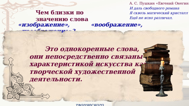 А. С. Пушкин «Евгений Онегин»: И даль свободного романа Я сквозь магический кристалл Ещё не ясно различал. Чем близки по значению слова   «изображение», «воображение», «преображение»? —   объективная реальность (объект), более или менее точная и детальная копия объекта, в виде рисунка, образа, картины, скульптуры, литературы, кинематографии, отражение и т.д. — это способность вызывать в сознании и произвольно сочетать образы предметов и событий. Философы рассматривают воображение как составную часть творческого процесса. – значит «превращение в другой вид», «изменение формы»   Это однокоренные слова, они непосредственно связаны с характеристикой искусства как творческой художественной деятельности. 