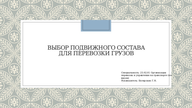 Выбор подвижного состава  для перевозки грузов Специальность: 23.02.01 Организация перевозок и управление на транспорте (по видам) Руководитель: Болярских Г.Н. 