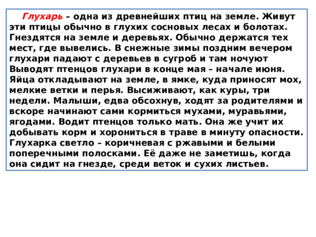  Глухарь – одна из древнейших птиц на земле. Живут эти птицы обычно в глухих сосновых лесах и болотах. Гнездятся на земле и деревьях. Обычно держатся тех мест, где вывелись. В снежные зимы поздним вечером глухари падают с деревьев в сугроб и там ночуют  Выводят птенцов глухари в конце мая – начале июня. Яйца откладывают на земле, в ямке, куда приносят мох, мелкие ветки и перья. Высиживают, как куры, три недели. Малыши, едва обсохнув, ходят за родителями и вскоре начинают сами кормиться мухами, муравьями, ягодами. Водит птенцов только мать. Она же учит их добывать корм и хорониться в траве в минуту опасности.  Глухарка светло – коричневая с ржавыми и белыми поперечными полосками. Её даже не заметишь, когда она сидит на гнезде, среди веток и сухих листьев. 