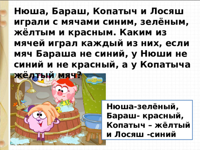 Нюша, Бараш, Копатыч и Лосяш играли с мячами синим, зелёным, жёлтым и красным. Каким из мячей играл каждый из них, если мяч Бараша не синий, у Нюши не синий и не красный, а у Копатыча жёлтый мяч?  Нюша-зелёный,  Бараш- красный,  Копатыч – жёлтый  и Лосяш -синий 