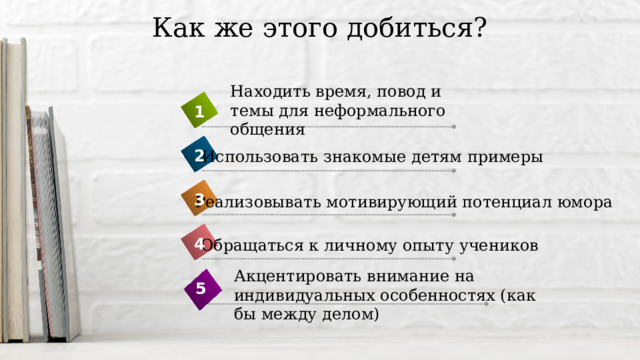 Как же этого добиться? Находить время, повод и темы для неформального общения 1 2 Использовать знакомые детям примеры 3 Реализовывать мотивирующий потенциал юмора 4 Обращаться к личному опыту учеников Акцентировать внимание на индивидуальных особенностях (как бы между делом) 5 