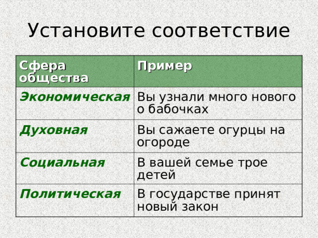 Установите соответствие Сфера общества Пример Экономическая Вы узнали много нового о бабочках Духовная Вы сажаете огурцы на огороде Социальная В вашей семье трое детей Политическая В государстве принят новый закон 