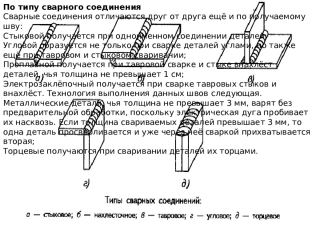 По типу сварного соединения Сварные соединения отличаются друг от друга ещё и по получаемому шву: Стыковой получается при одноименном соединении деталей; Угловой образуется не только при сварке деталей углами, но также ещё при тавровом и стыковом сваривании; Проплавной получается при тавровой сварке и стыке внахлёст деталей, чья толщина не превышает 1 см; Электрозаклёпочный получается при сварке тавровых стыков и внахлёст. Технология выполнения данных швов следующая. Металлические детали, чья толщина не превышает 3 мм, варят без предварительной обработки, поскольку электрическая дуга пробивает их насквозь. Если толщина свариваемых деталей превышает 3 мм, то одна деталь просверливается и уже через неё сваркой прихватывается вторая; Торцевые получаются при сваривании деталей их торцами. 