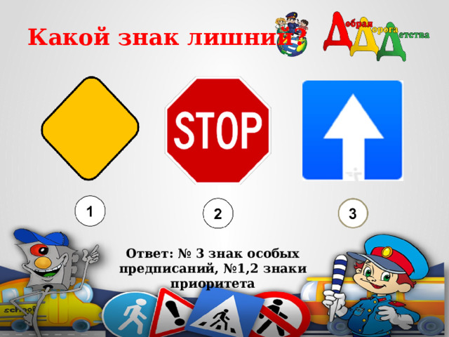 Какой знак лишний?    Ответ: № 3 знак особых предписаний, №1,2 знаки приоритета 