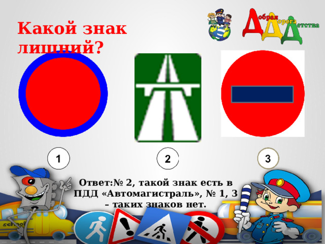 Какой знак лишний?    Ответ:№ 2, такой знак есть в ПДД «Автомагистраль», № 1, 3 – таких знаков нет. 