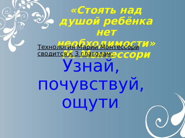 «Стоять над душой ребёнка нет необходимости» М. Монтессори Технология Марии Монтессори сводится к 3 глаголам: Узнай, почувствуй, ощути . 