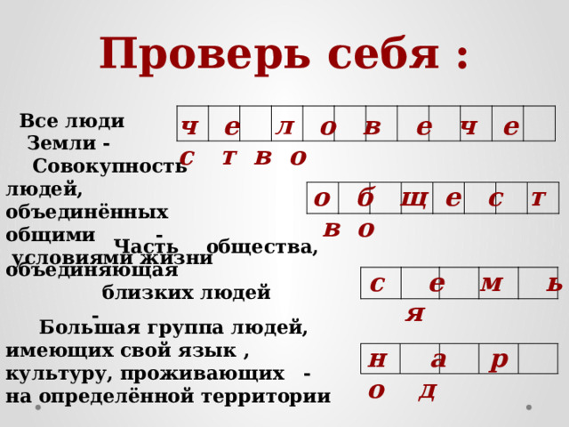 Проверь себя :  Все люди Земли - ч е л о в е ч е с т в о              Совокупность людей, объединённых общими -  условиями жизни о б щ е с т в о   Часть общества, объединяющая  близких людей - с е м ь я  Большая группа людей, имеющих свой язык , культуру, проживающих - на определённой территории  н а р о д  