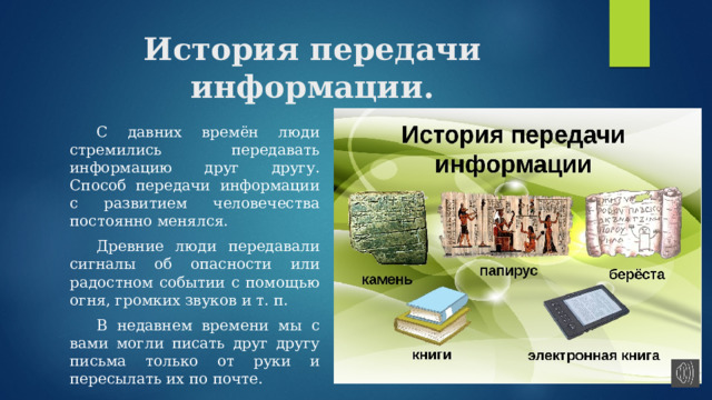 История передачи информации.  С давних времён люди стремились передавать информацию друг другу. Способ передачи информации с развитием человечества постоянно менялся.  Древние люди передавали сигналы об опасности или радостном событии с помощью огня, громких звуков и т. п.  В недавнем времени мы с вами могли писать друг другу письма только от руки и пересылать их по почте. 