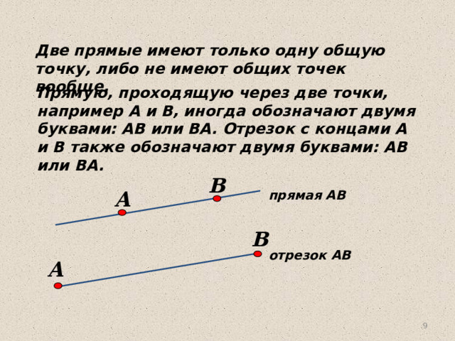 Две прямые имеют только одну общую точку, либо не имеют общих точек вообще. Прямую, проходящую через две точки, например A и В, иногда обозначают двумя буквами: AB или BA. Отрезок с концами А и В также обозначают двумя буквами: AB или BA. В A прямая АВ В отрезок АВ A 8 