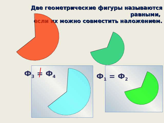  Две геометрические фигуры называются равными, если их можно совместить наложением. Ф 3 = Ф 4 Ф 1 = Ф 2 «Геометрия 7-9» Л.С. Атанасян и др. 