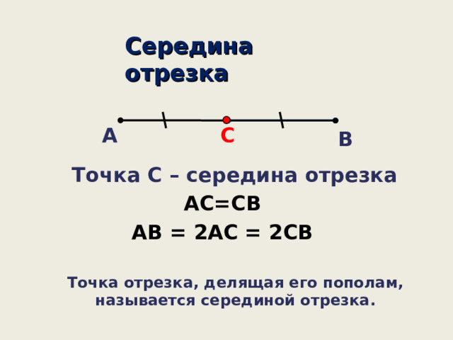 Середина отрезка А С В Точка С – середина отрезка АС=СВ АВ = 2АС = 2СВ Точка отрезка, делящая его пополам, называется серединой отрезка. 