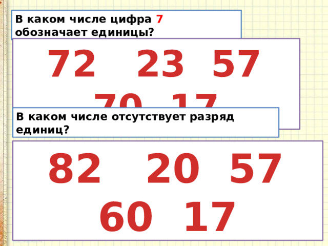 В каком числе цифра 7 обозначает единицы?   72 23 57 70 17 В каком числе отсутствует разряд единиц?   82 20 57 60 17 
