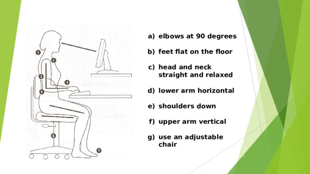 a ) elbows at 90 degrees   b ) feet flat on the floor   с) head and neck straight and relaxed   d ) lower arm horizontal   e ) shoulders down   f ) upper arm vertical   g ) use an adjustable chair   