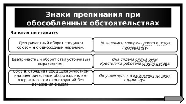 Знаки препинания при обособленных обстоятельствах Запятая не ставится Незнакомец говорил громко и вслух посмеиваясь. Деепричастный оборот соединен союзом и с однородным наречием. Она сидела сложа руки. Крестьянка работала спустя рукава. Деепричастный оборот стал устойчивым выражением. Союз а , стоящий перед деепричастием или деепричастным оборотом, нельзя оторвать от этих конструкций без искажения смысла. Он усмехнулся, а взяв меня под руку, подмигнул. 