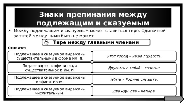 Знаки препинания между подлежащим и сказуемым Между подлежащим и сказуемым может ставиться тире. Одиночной запятой между ними быть не может Тире между главными членами Ставится Этот город – наша гордость. Подлежащее и сказуемое выражены существительными в форме Им. п. Дружить с тобой – счастье. Подлежащее - инфинитив, a существительное в Им. п. Жить – Родине служить. Подлежащее и сказуемое выражены инфинитивом. Дважды два – четыре. Подлежащее и сказуемое выражены числительным. 