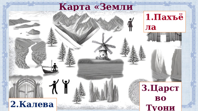 Карта «Земли Калевала»  1.Пахъёла 3.Царство Туони 2.Калевала 