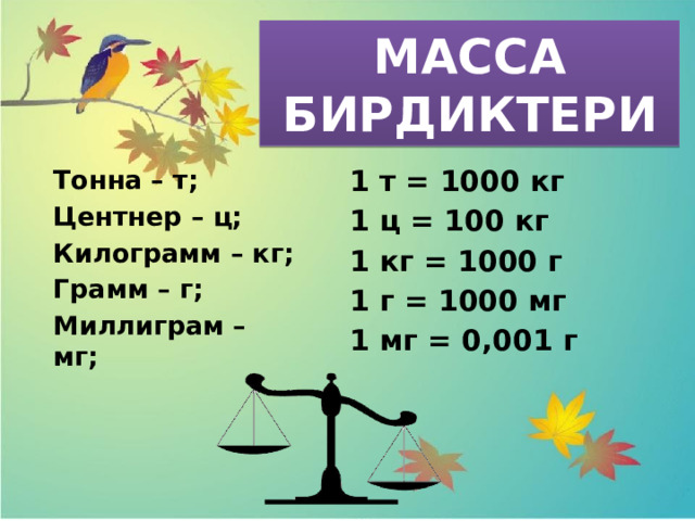 МАССА БИРДИКТЕРИ 1 т = 1000 кг 1 ц = 100 кг 1 кг = 1000 г 1 г = 1000 мг 1 мг = 0,001 г Тонна – т; Центнер – ц; Килограмм – кг; Грамм – г; Миллиграм – мг; 