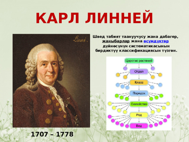 КАРЛ ЛИННЕЙ Швед табият таануучусу жана дабагер,  жаныбарлар  жана  өсүмдүктөр   дүйнөсүнүн систематикасынын бирдиктүү классификациясын түзгөн. 1707 – 1778 