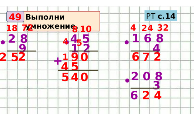 РТ с.14 49 Выполни умножение.  4  32  72  24  18  10  8  1 6 8  2 8  4 5  4  5 • • •  4  9  1 2  1  2  6  2  0  9   7  2 5 +  5   4  2 0 8  4  5  0 •  3  6 2 4 