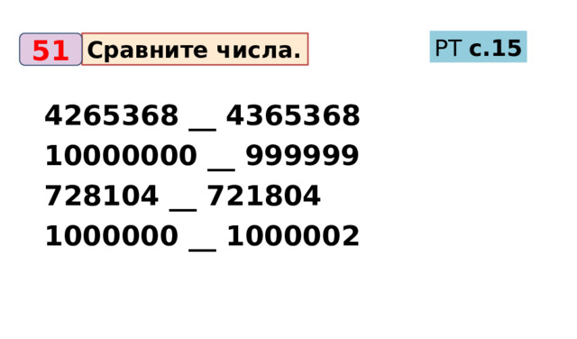 РТ с.15 Сравните числа. 51 4265368 __ 4365368 10000000 __ 999999 728104 __ 721804 1000000 __ 1000002 