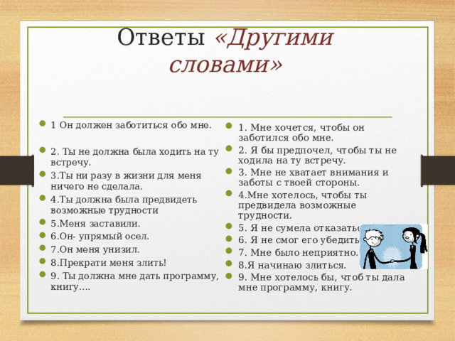 Ответы «Другими словами» 1 Он должен заботиться обо мне. 2. Ты не должна была ходить на ту встречу. 3.Ты ни разу в жизни для меня ничего не сделала. 4.Ты должна была предвидеть возможные трудности 5.Меня заставили. 6.Он- упрямый осел. 7.Он меня унизил. 8.Прекрати меня злить! 9. Ты должна мне дать программу, книгу…. 1. Мне хочется, чтобы он заботился обо мне. 2. Я бы предпочел, чтобы ты не ходила на ту встречу. 3. Мне не хватает внимания и заботы с твоей стороны. 4.Мне хотелось, чтобы ты предвидела возможные трудности. 5. Я не сумела отказаться. 6. Я не смог его убедить. 7. Мне было неприятно. 8.Я начинаю злиться. 9. Мне хотелось бы, чтоб ты дала мне программу, книгу. 