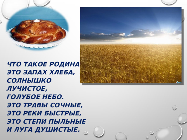 ЧТО ТАКОЕ РОДИНА? ЭТО ЗАПАХ ХЛЕБА, СОЛНЫШКО ЛУЧИСТОЕ, ГОЛУБОЕ НЕБО. ЭТО ТРАВЫ СОЧНЫЕ, ЭТО РЕКИ БЫСТРЫЕ, ЭТО СТЕПИ ПЫЛЬНЫЕ И ЛУГА ДУШИСТЫЕ.  