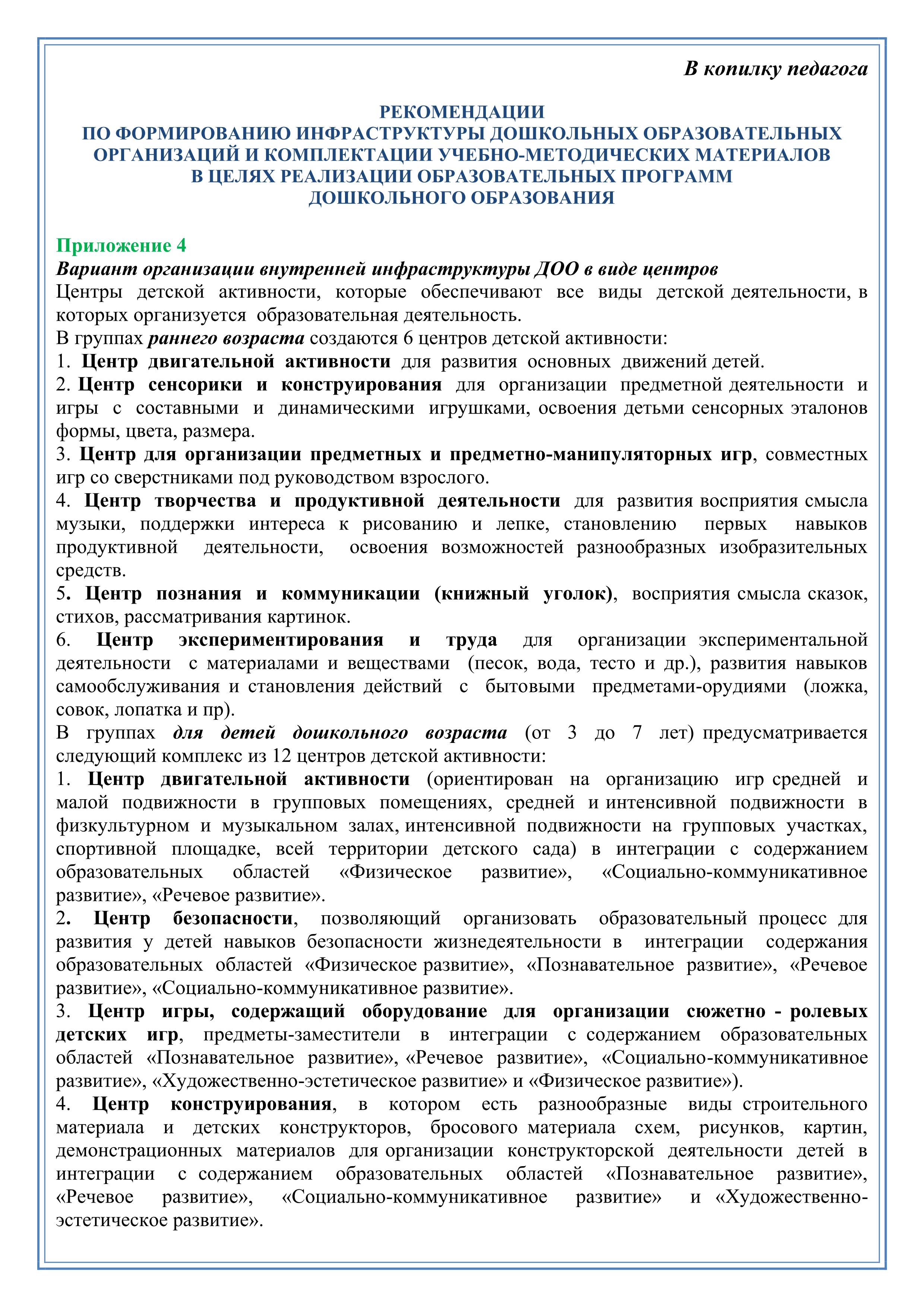 В копилку педагога. Рекомендации по формированию инфраструктуры дошкольных  образовательных организаций. Приложение 4.