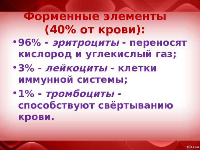  Форменные элементы   (40% от крови): 96% -  эритроциты  - переносят кислород и углекислый газ; 3% -  лейкоциты  - клетки иммунной системы; 1% -  тромбоциты  - способствуют свёртыванию крови. 