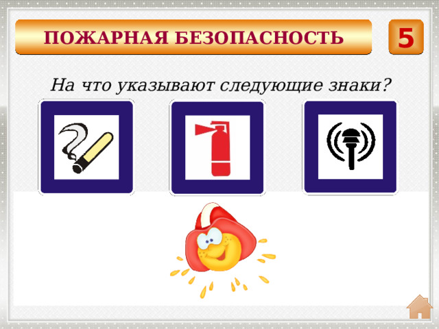 5 ПОЖАРНАЯ БЕЗОПАСНОСТЬ На что указывают следующие знаки?    Место Пункт Огне - извещения тушитель для курения о пожаре    
