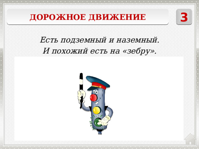 Дорожное движение 3 Есть подземный и наземный. И похожий есть на «зебру». Пешеходный переход 