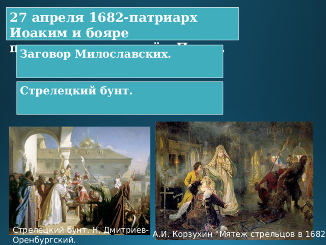 27 апреля 1682-патриарх Иоаким и бояре провозгласили царём Петра. Заговор Милославских. Стрелецкий бунт. Стрелецкий бунт. Н. Дмитриев-Оренбургский. А.И. Корзухин 