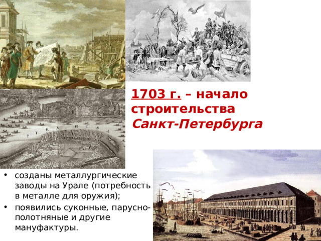 1703 г. – начало строительства Санкт-Петербурга созданы металлургические заводы на Урале (потребность в металле для оружия); появились суконные, парусно-полотняные и другие мануфактуры. 