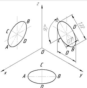 Величины больших осей эллипсов на чертеже равны диаметров проецируемых окружностей